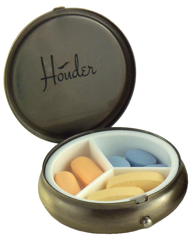 Houder Classy Brass Pill Box - Decorative Pill Case with Gift Box - Carry Your Meds in Style (Round) - Image 3